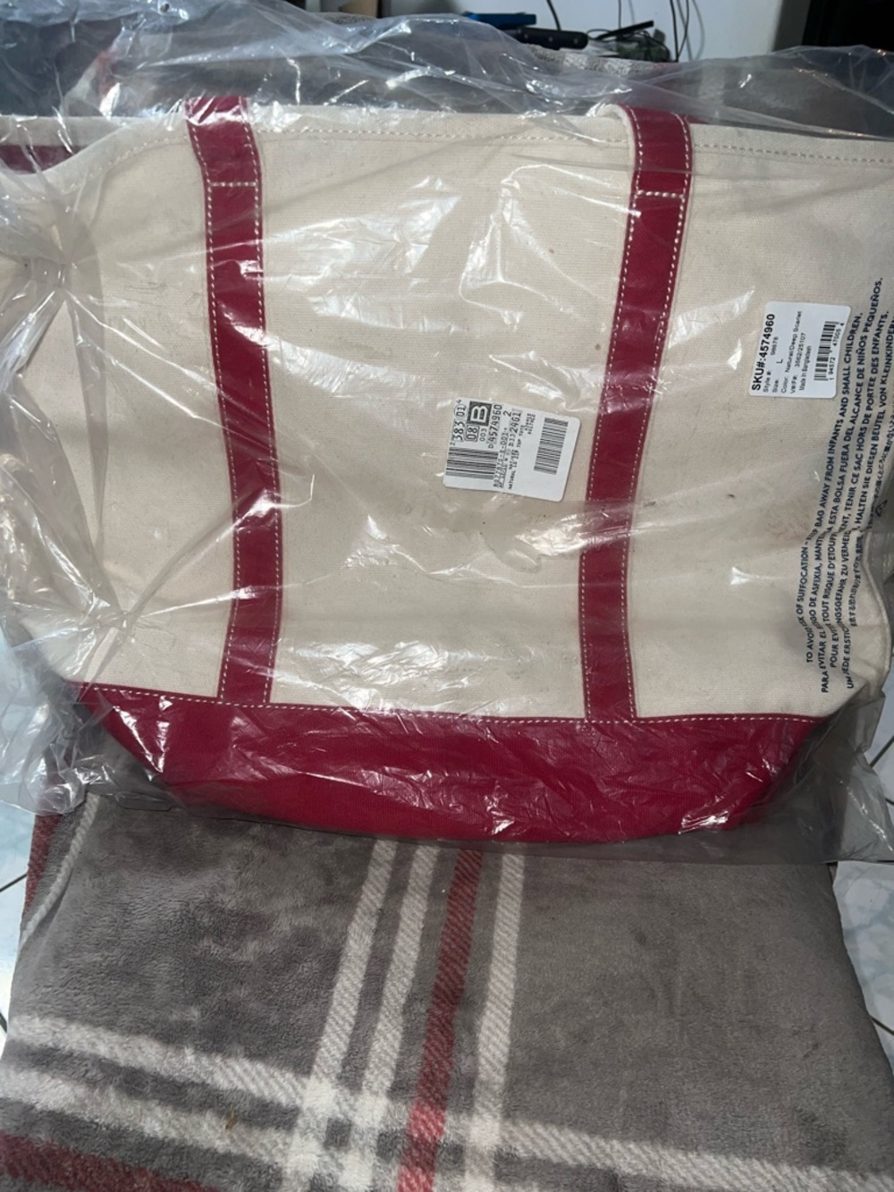 Lands' End Canvas  zip top Tote in Cream and deep scarlet trim large - Picture 2 of 2